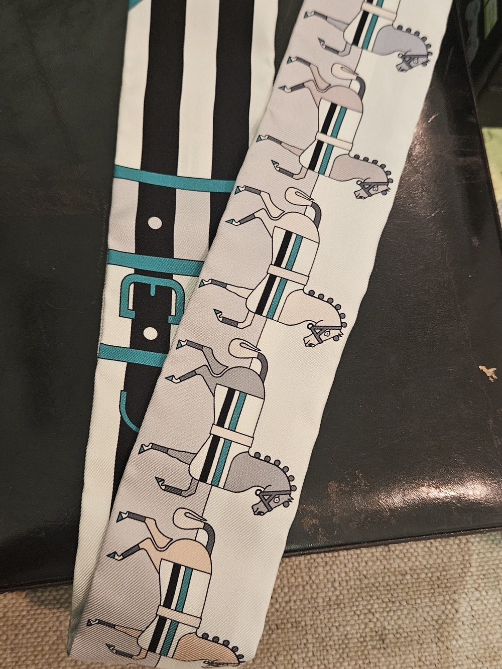 Men's Printed Silk Twill Tie with Striped Carousel Horse Design - Teal & Black